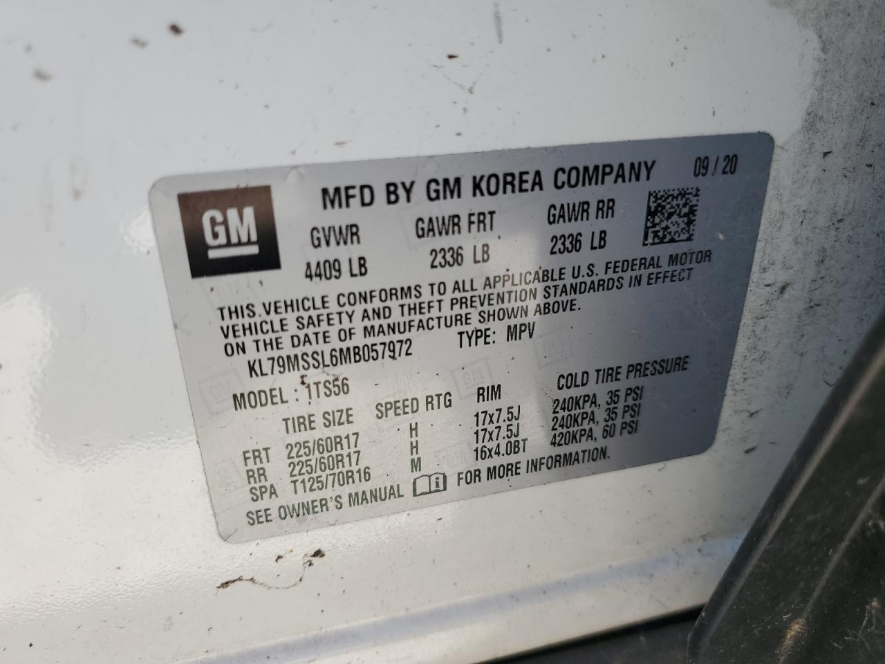 2021 Chevrolet Trailblazer Activ VIN: KL79MSSL6MB057972 Lot: 64139105