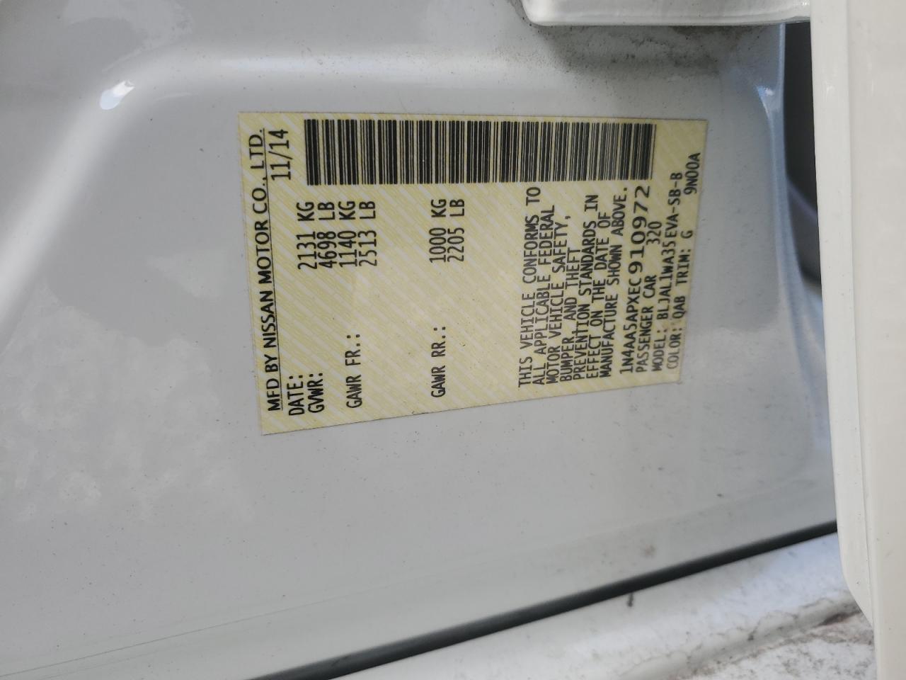 2014 Nissan Maxima S VIN: 1N4AA5APXEC910972 Lot: 64730235