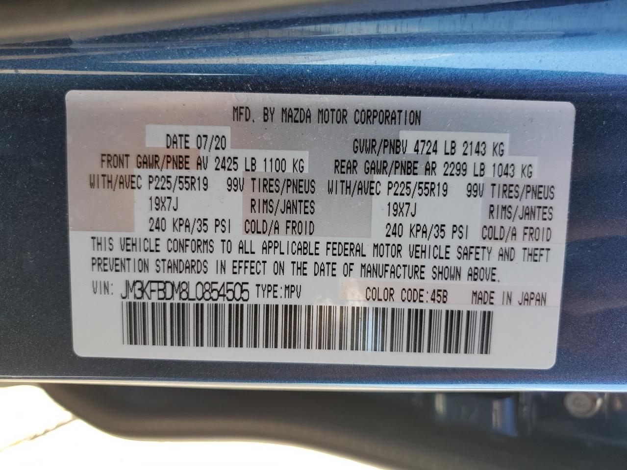 2020 Mazda Cx-5 Grand Touring VIN: JM3KFBDM8L0854505 Lot: 63079315