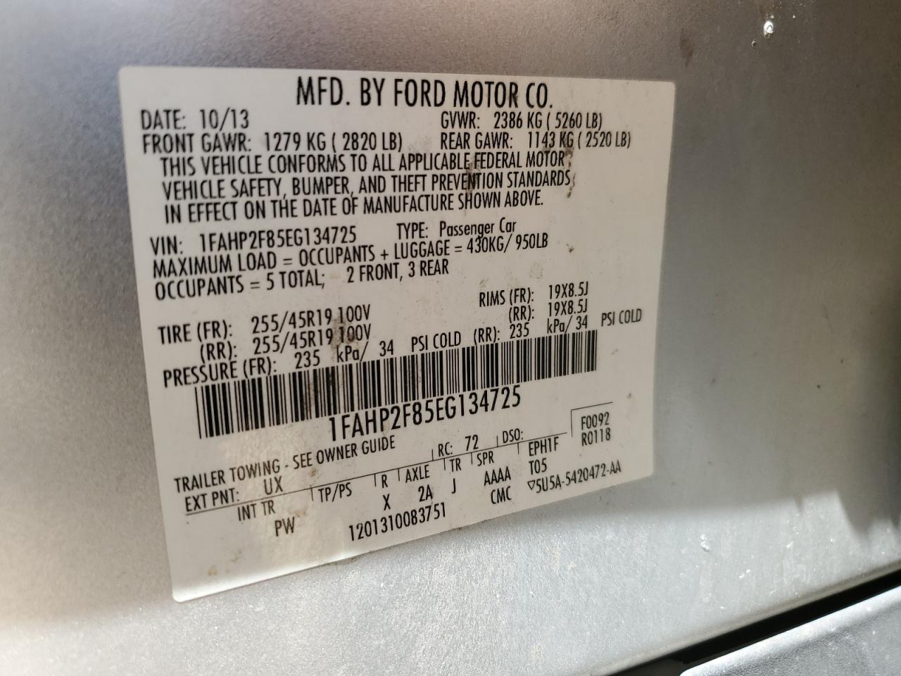 2014 Ford Taurus Limited VIN: 1FAHP2F85EG134725 Lot: 64016575