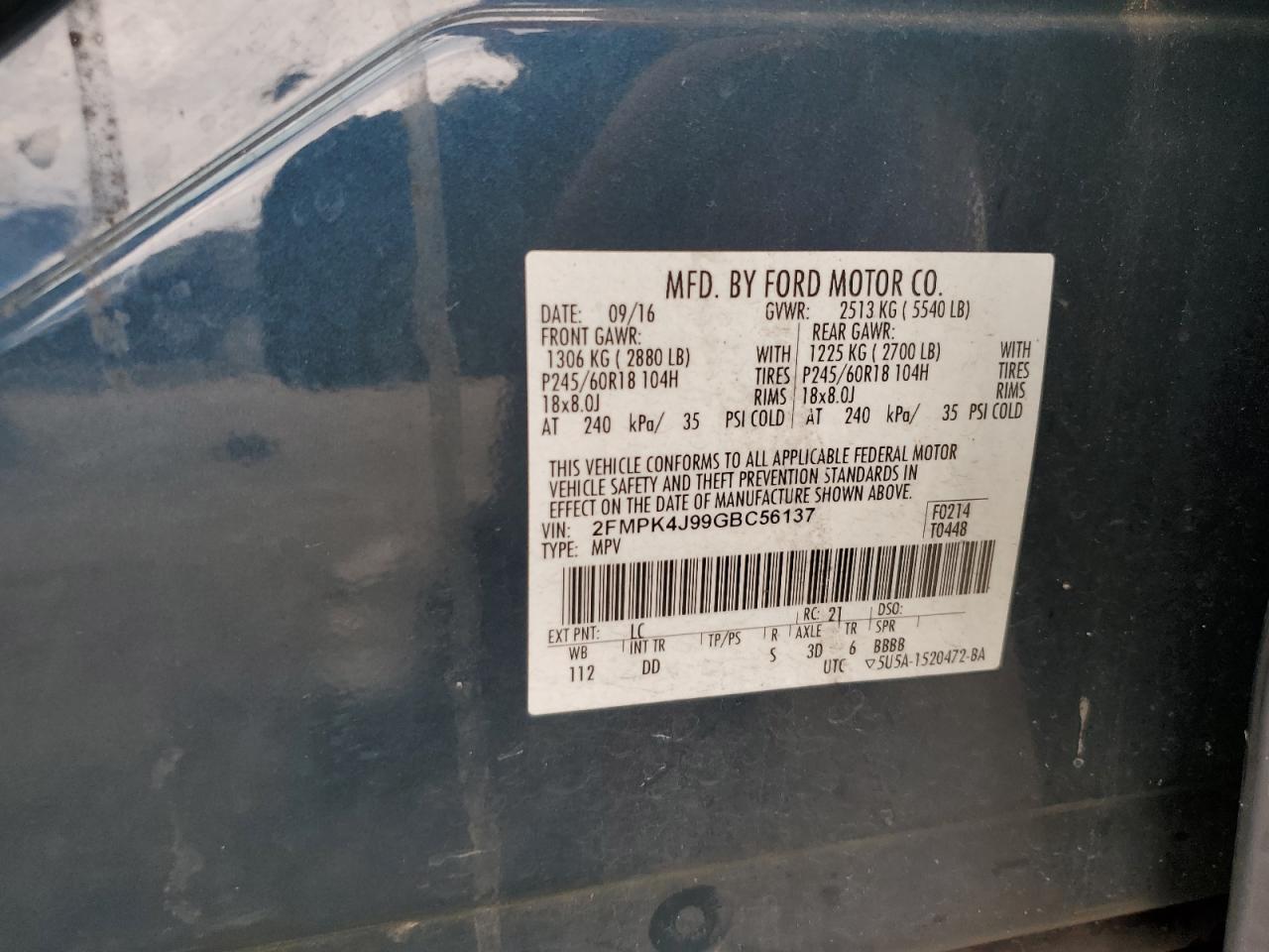 2016 Ford Edge Sel VIN: 2FMPK4J99GBC56137 Lot: 64569055