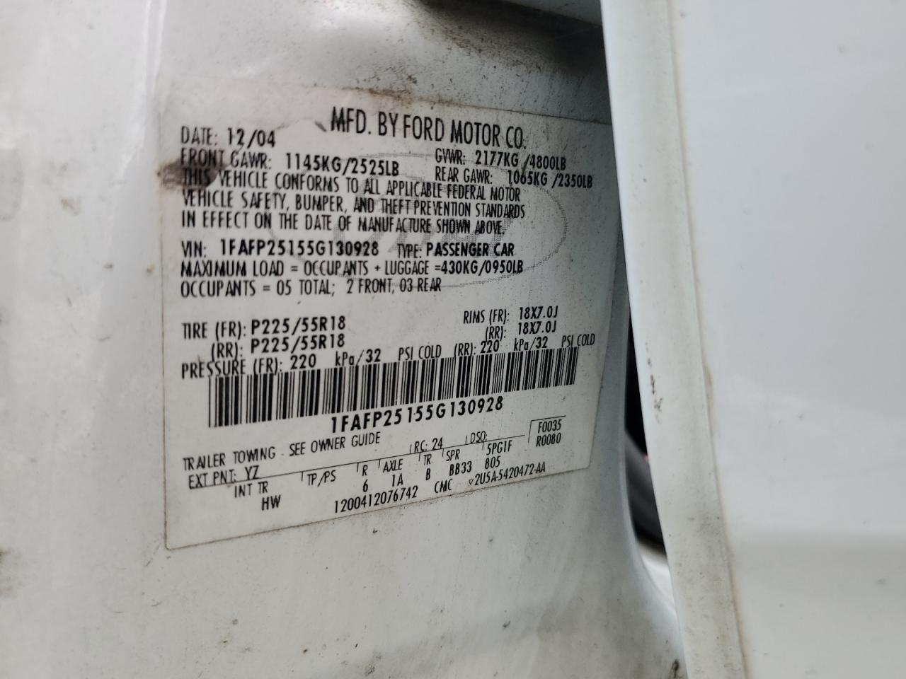 2005 Ford Five Hundred Limited VIN: 1FAFP25155G130928 Lot: 65801035