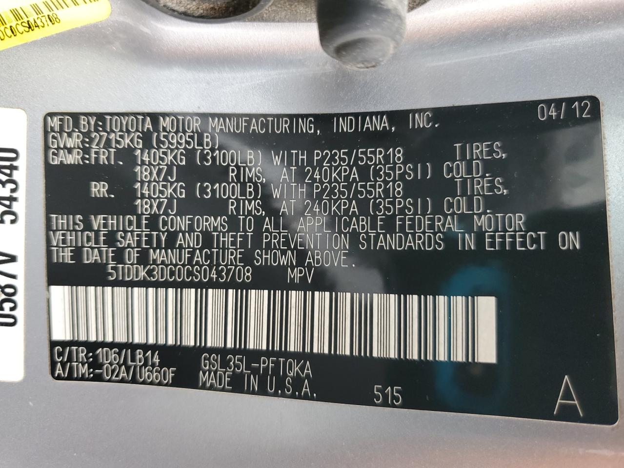 2012 Toyota Sienna Xle VIN: 5TDDK3DC0CS043708 Lot: 64831755
