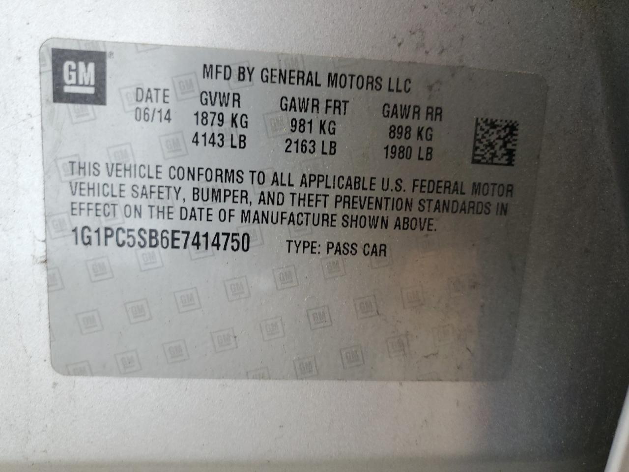 2014 Chevrolet Cruze Lt VIN: 1G1PC5SB6E7414750 Lot: 95115565