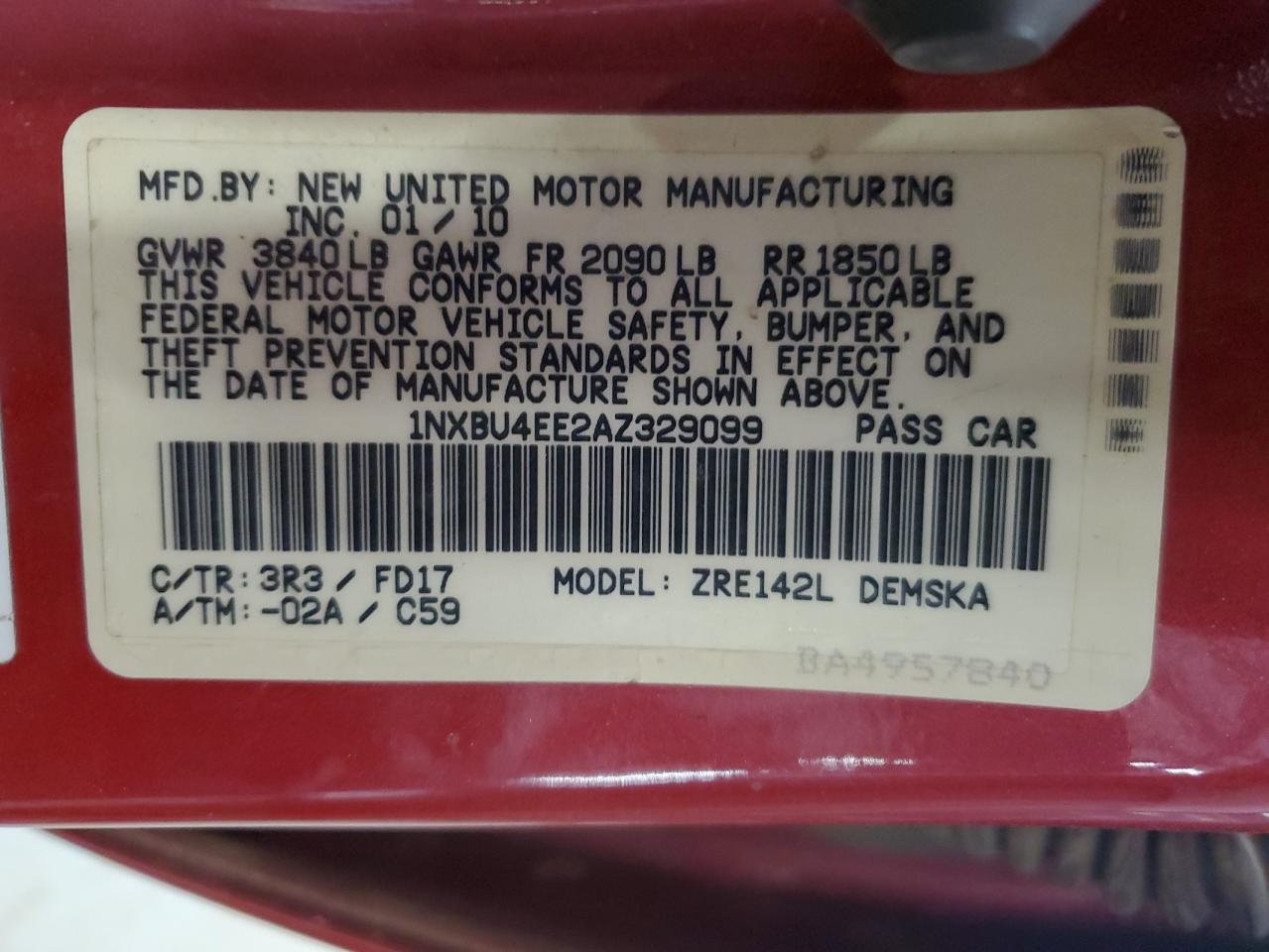 2010 Toyota Corolla Base VIN: 1NXBU4EE2AZ329099 Lot: 65412925