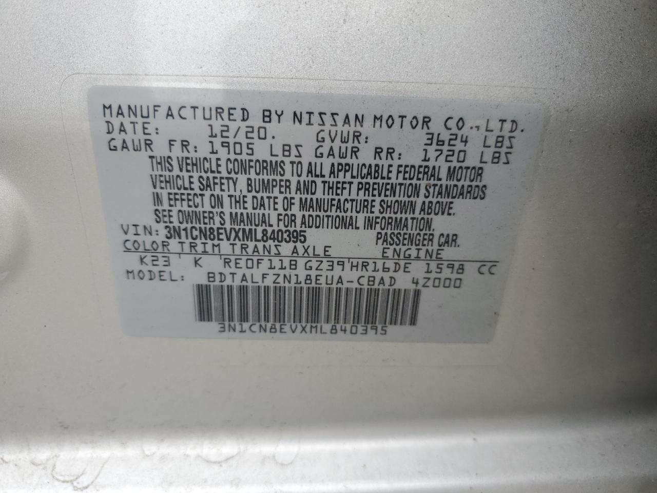 2021 Nissan Versa Sv VIN: 3N1CN8EVXML840395 Lot: 65295065