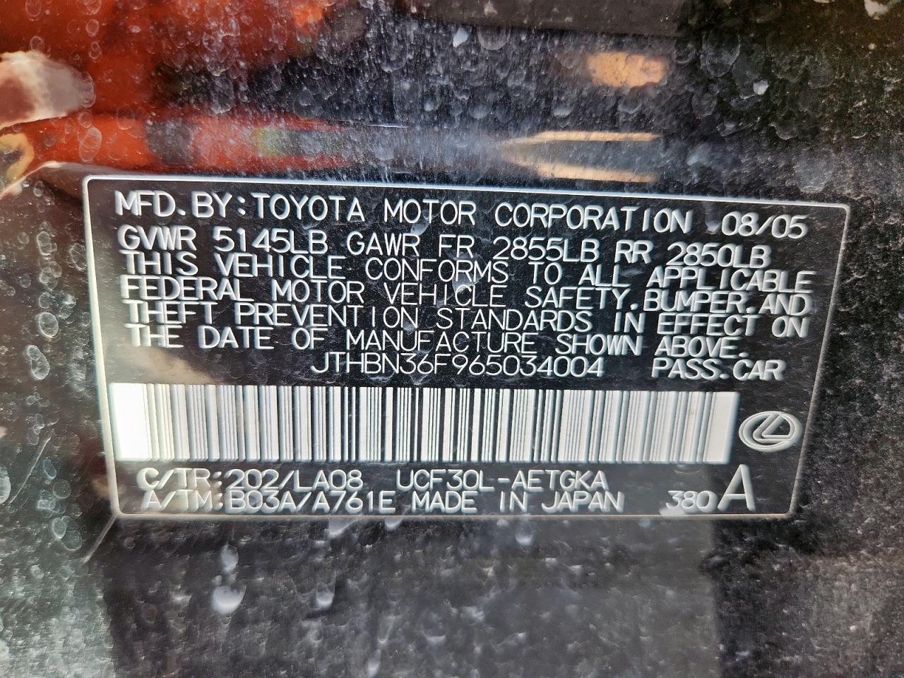 2006 Lexus Ls 430 VIN: JTHBN36F965034004 Lot: 64255545