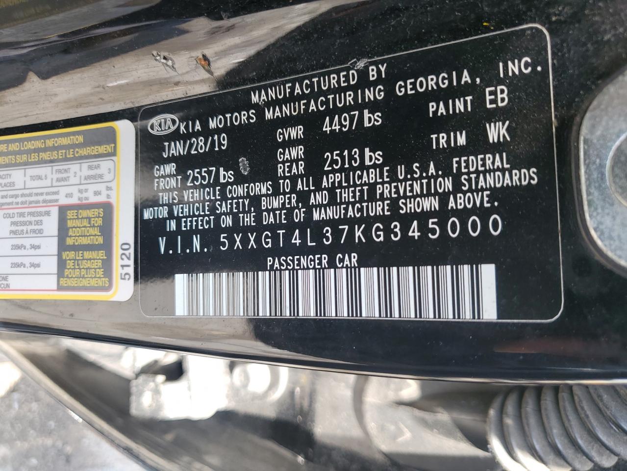 2019 Kia Optima Lx VIN: 5XXGT4L37KG345000 Lot: 64101265