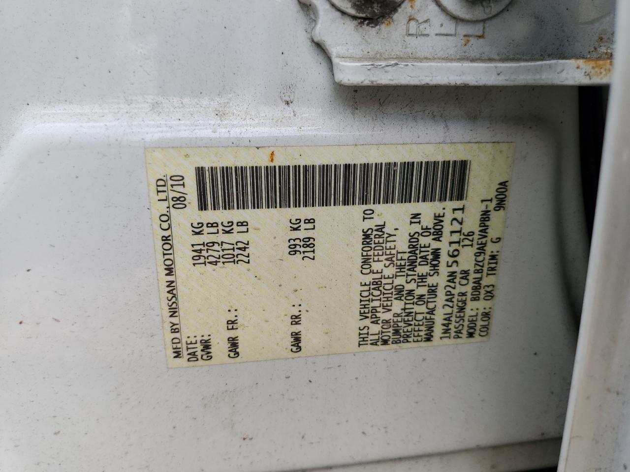 2010 Nissan Altima Base VIN: 1N4AL2AP2AN561121 Lot: 63588785