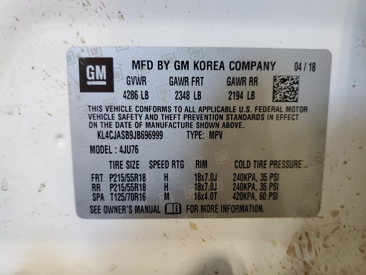 2018 Buick Encore Preferred VIN: KL4CJASB9JB696999 Lot: 63094625