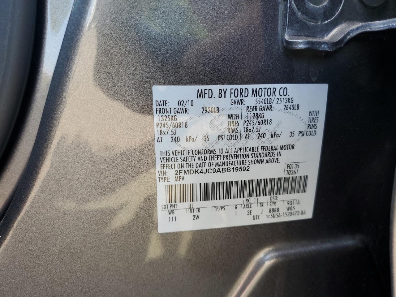 2010 Ford Edge Sel VIN: 2FMDK4JC9ABB19592 Lot: 64895055