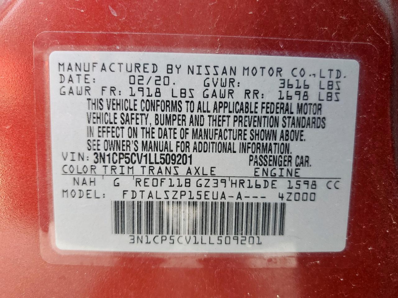 2020 Nissan Kicks Sv VIN: 3N1CP5CV1LL509201 Lot: 65187145