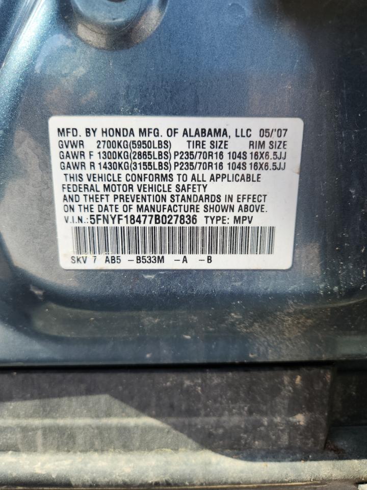 2007 Honda Pilot Ex VIN: 5FNYF18477B027836 Lot: 65498215