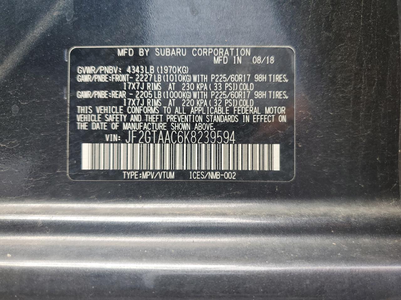 2019 Subaru Crosstrek VIN: JF2GTAAC6K8239594 Lot: 63738195
