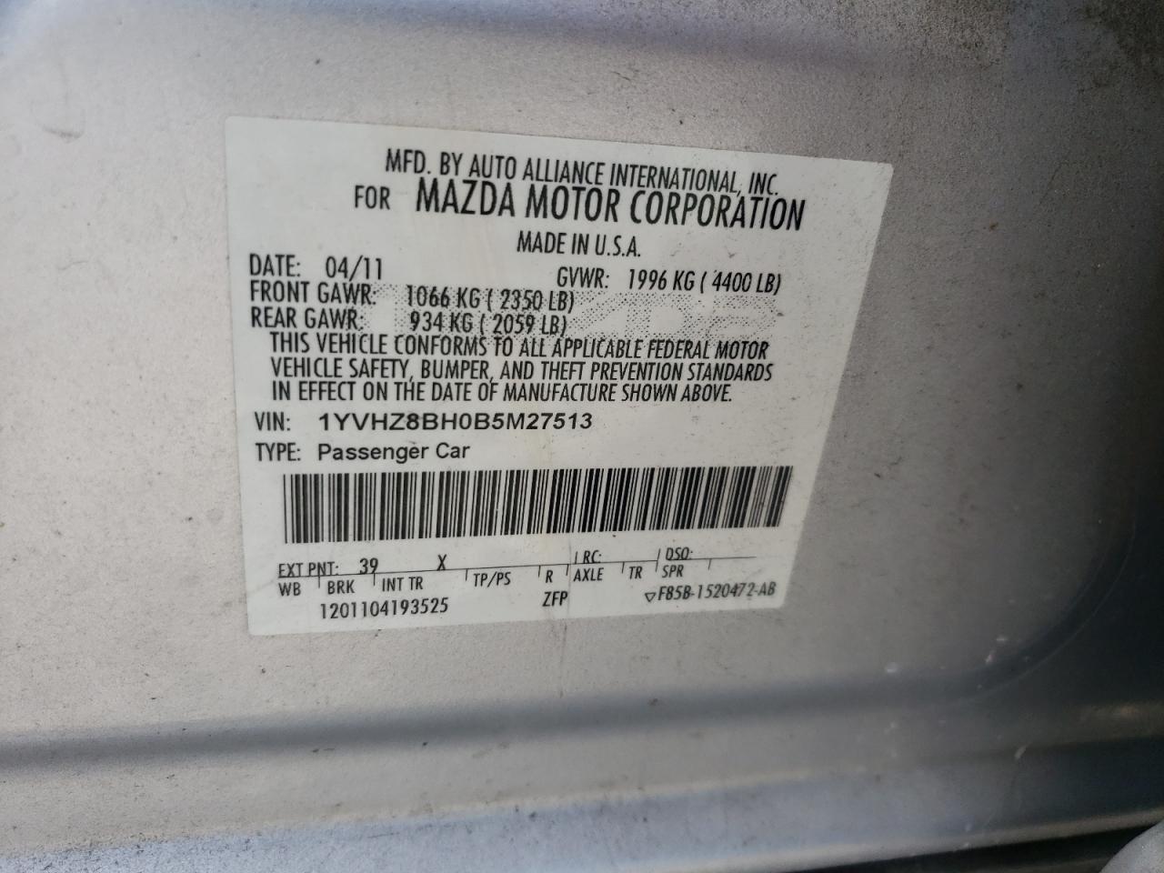 2011 Mazda 6 I VIN: 1YVHZ8BH0B5M27513 Lot: 64676295