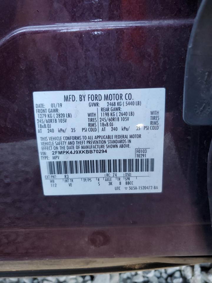 2019 Ford Edge Sel VIN: 2FMPK4J9XKBB70294 Lot: 65854535