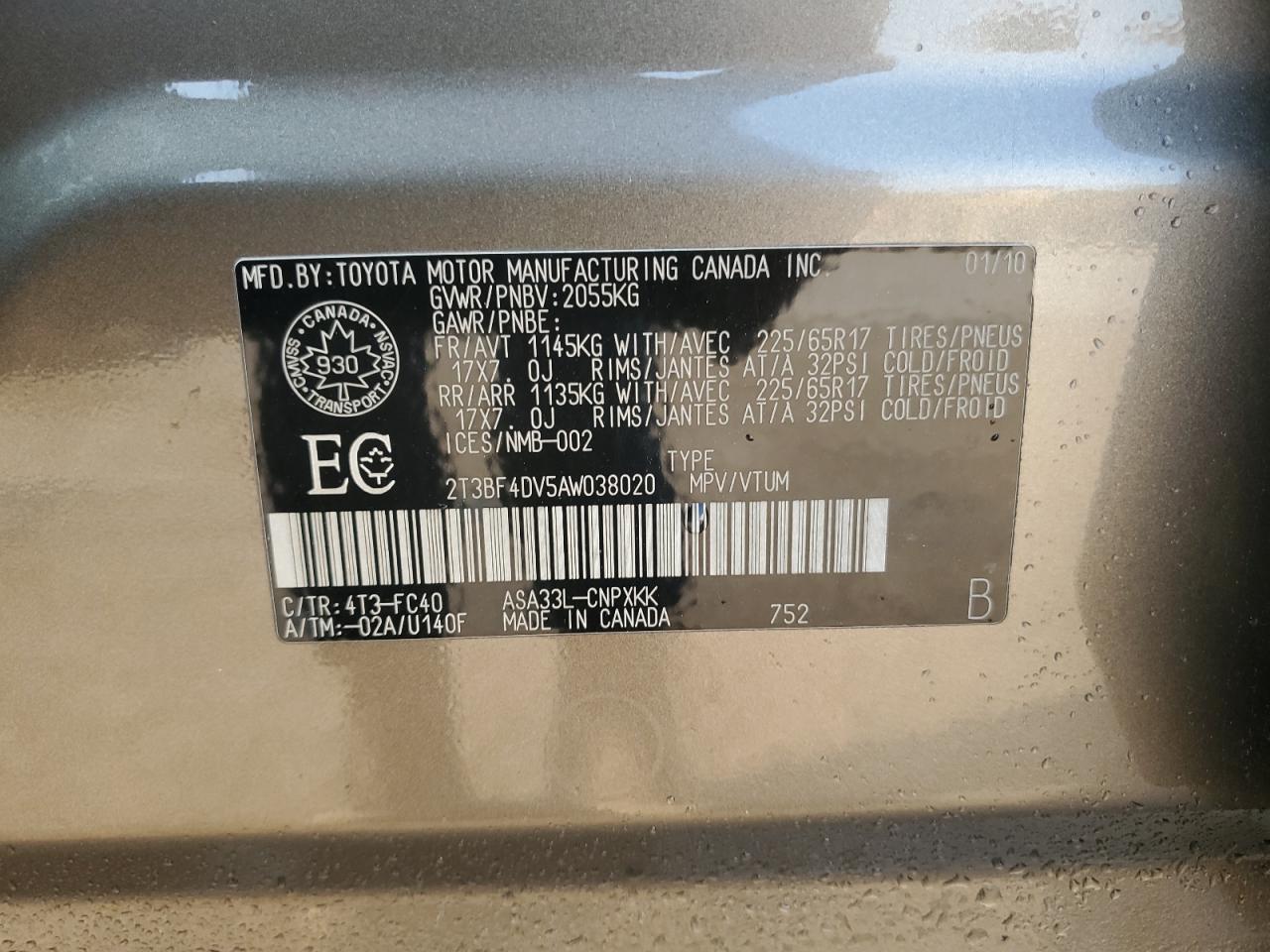 2010 Toyota Rav4 VIN: 2T3BF4DV5AW038020 Lot: 64396535