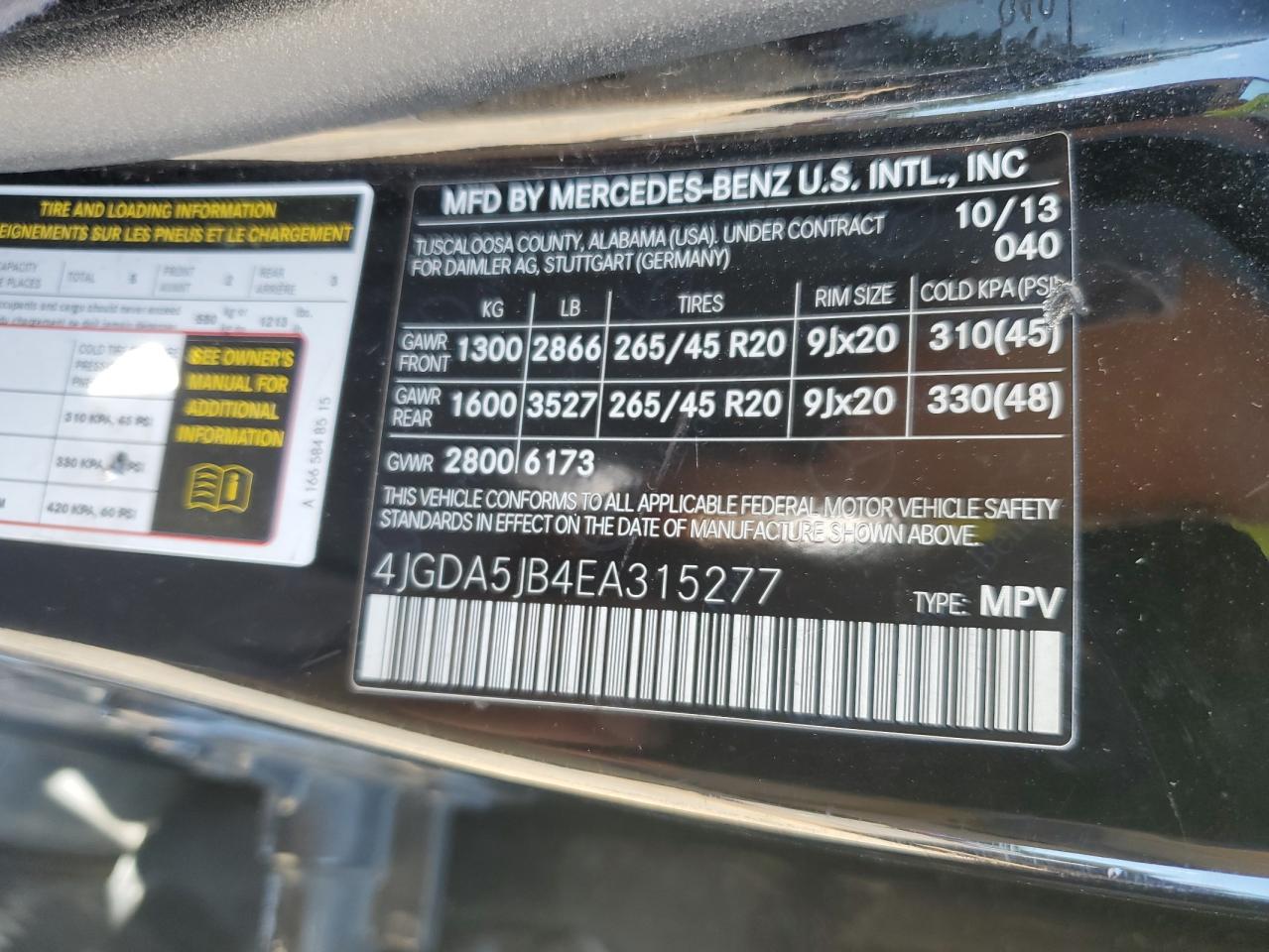 2014 Mercedes-Benz Ml 350 VIN: 4JGDA5JB4EA315277 Lot: 64116035