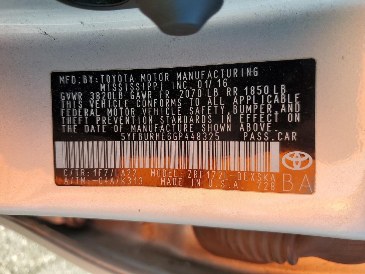 2016 Toyota Corolla L VIN: 5YFBURHE6GP448325 Lot: 65630705