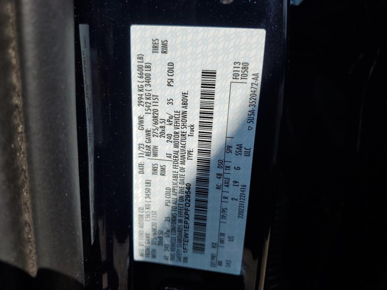 2023 Ford F150 Supercrew VIN: 1FTEW1EPXPFD29540 Lot: 62953555