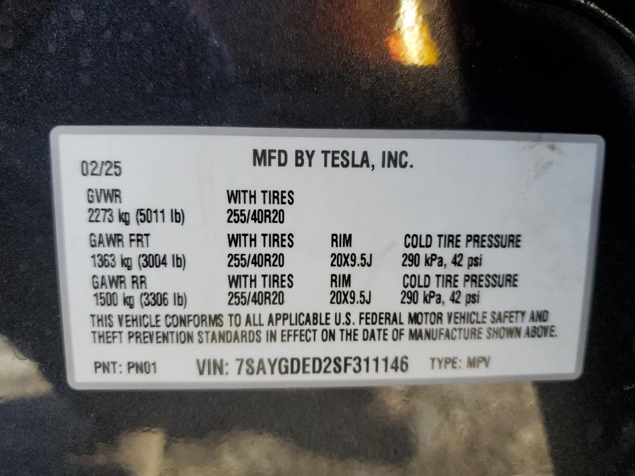 2025 Tesla Model Y VIN: 7SAYGDED2SF311146 Lot: 63065755