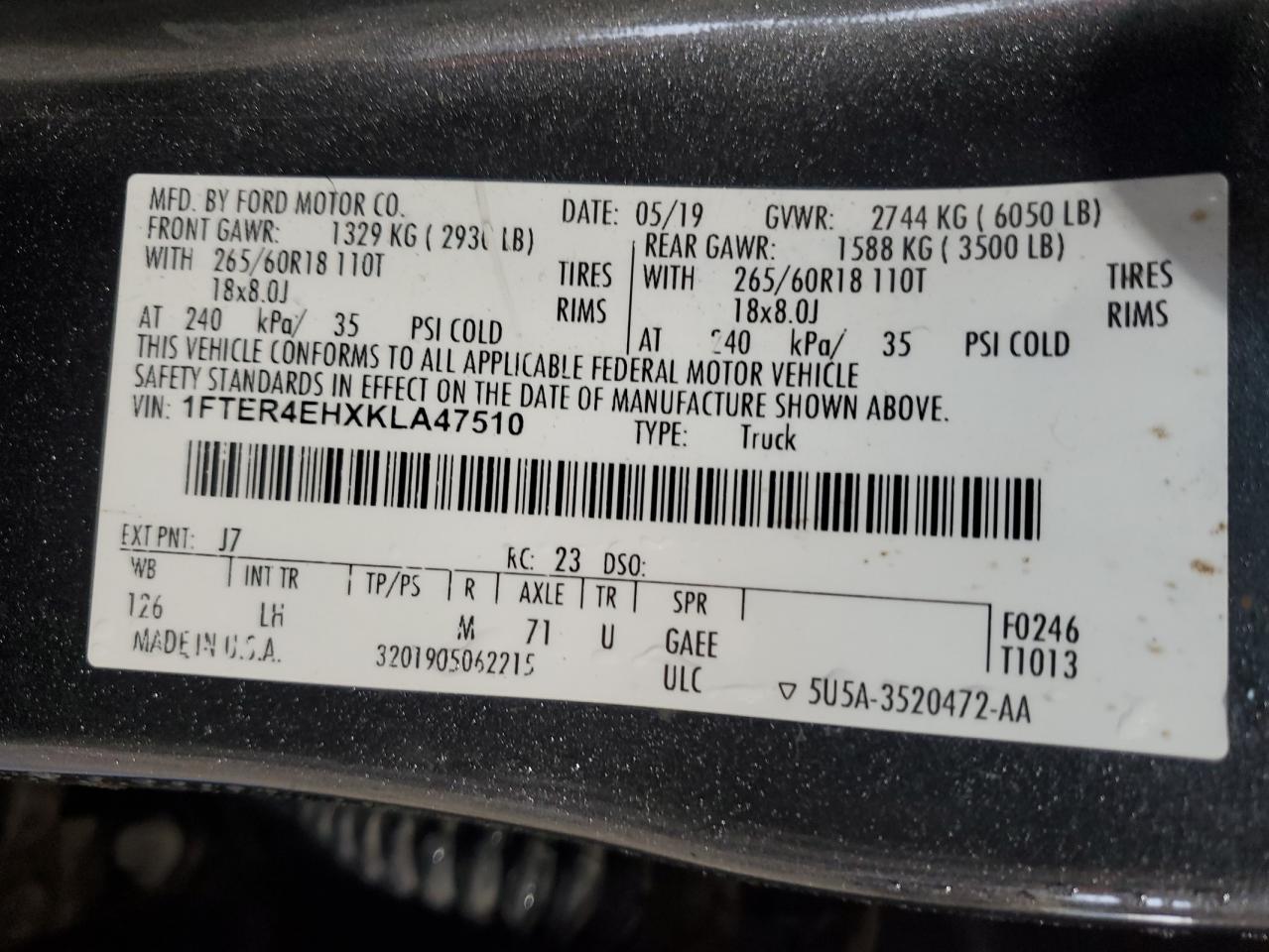 2019 Ford Ranger Xl VIN: 1FTER4EHXKLA47510 Lot: 65327635
