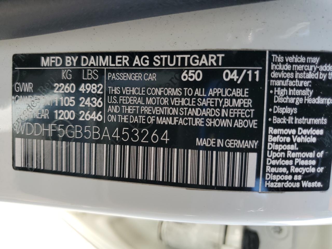 2011 Mercedes-Benz E 350 VIN: WDDHF5GB5BA453264 Lot: 63117525