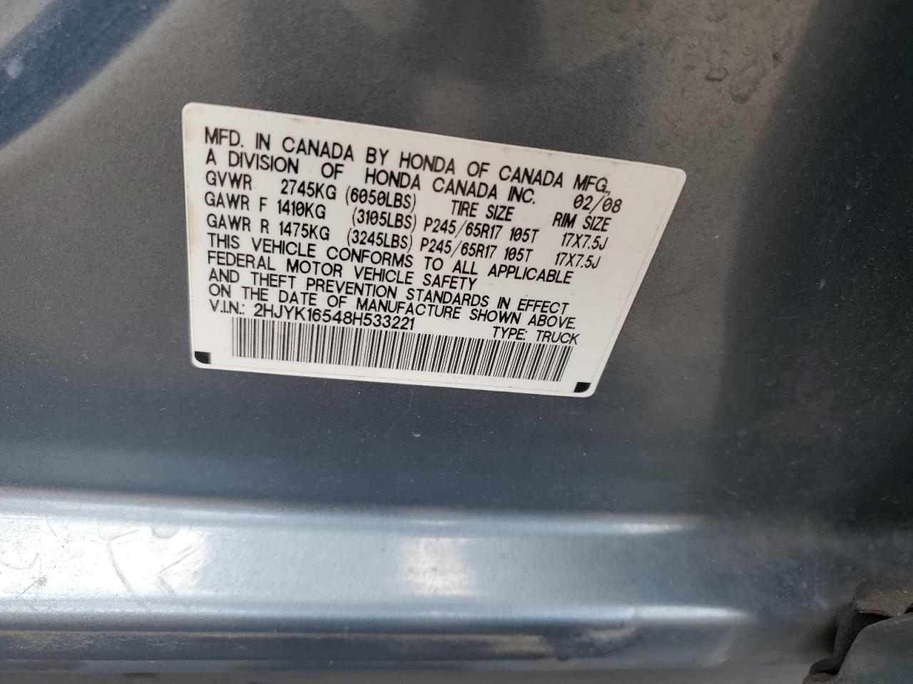 2008 Honda Ridgeline Rtl VIN: 2HJYK16548H533221 Lot: 62879265