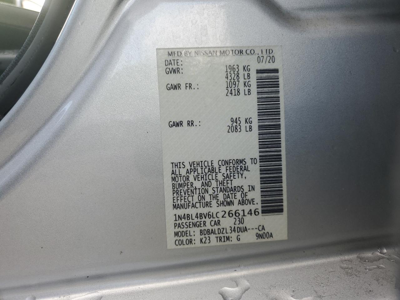2020 Nissan Altima S VIN: 1N4BL4BV6LC266146 Lot: 64479985