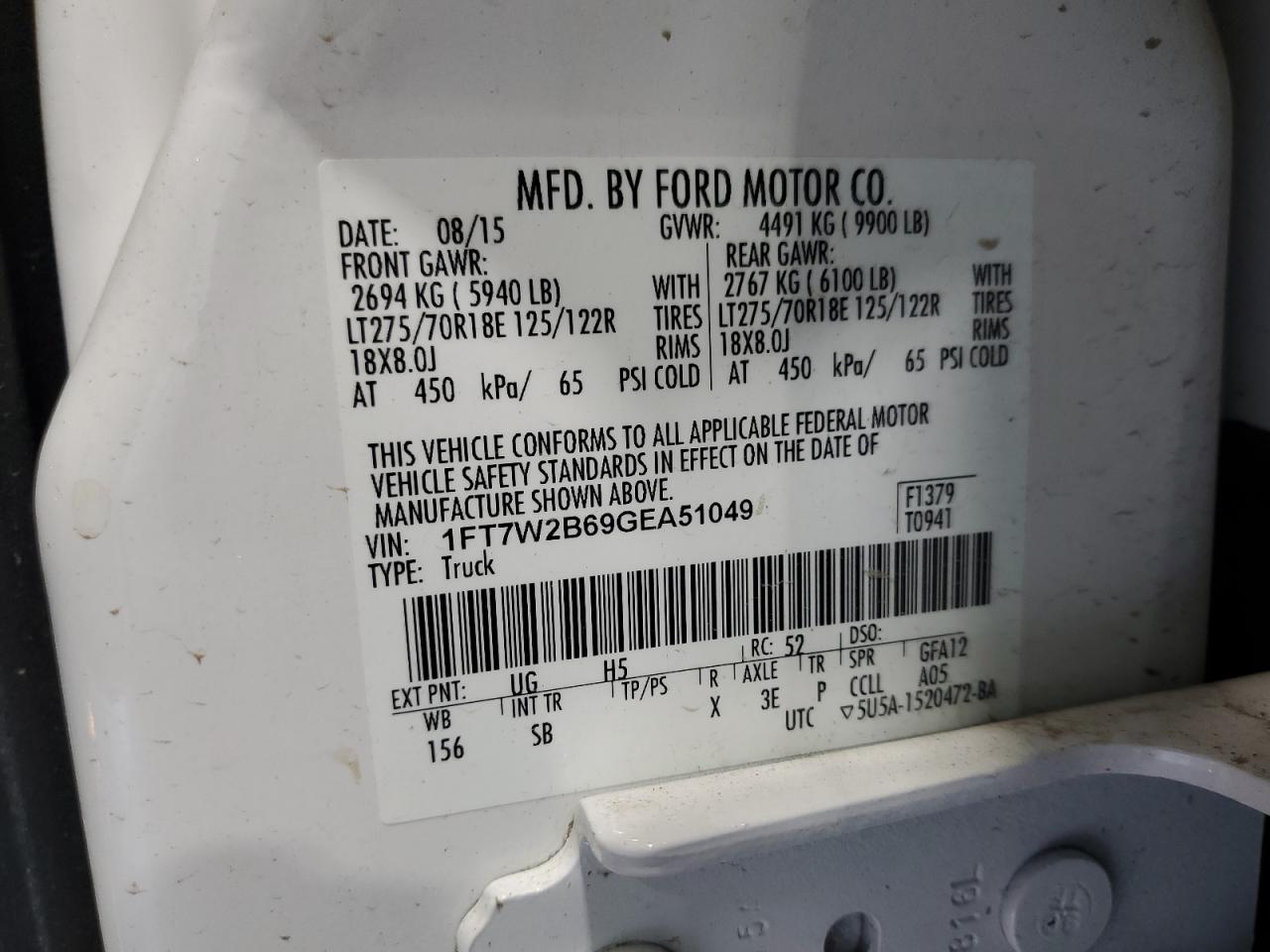 2016 Ford F250 Super Duty VIN: 1FT7W2B69GEA51049 Lot: 65244095