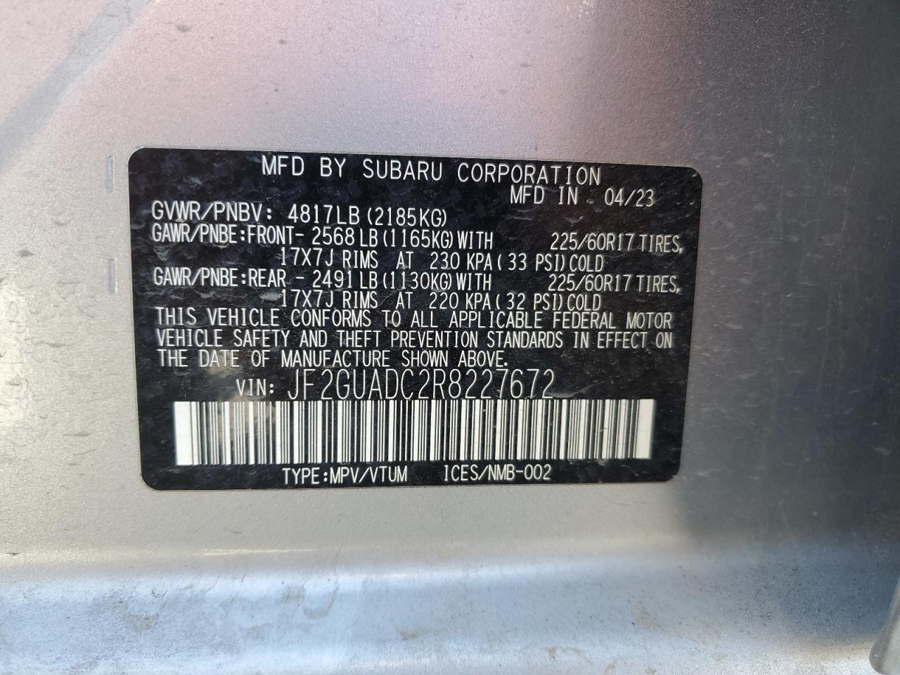 2024 Subaru Crosstrek Premium VIN: JF2GUADC2R8227672 Lot: 64276775