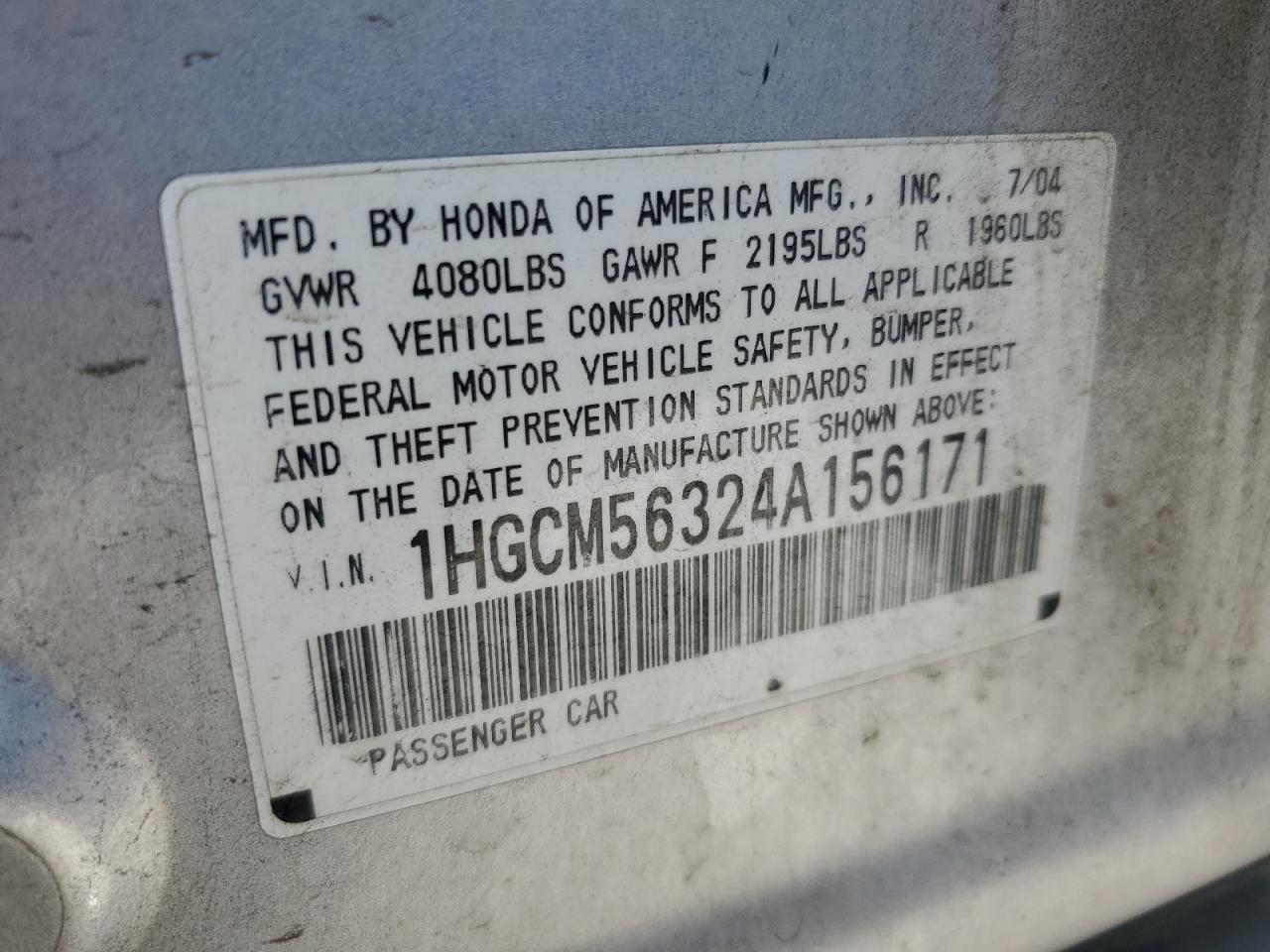 2004 Honda Accord Lx VIN: 1HGCM56324A156171 Lot: 64111945