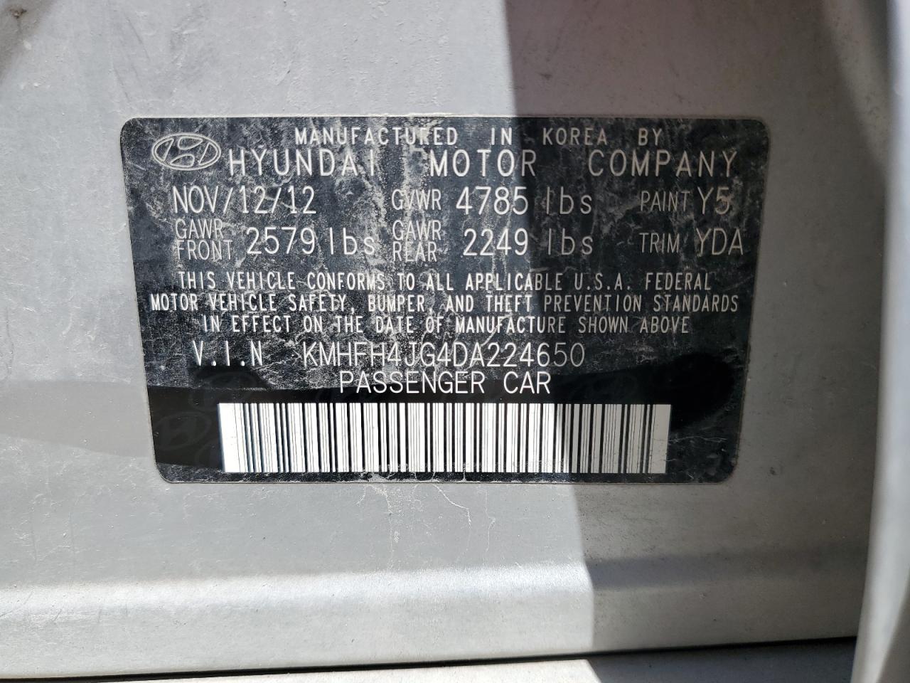 2013 Hyundai Azera Gls VIN: KMHFH4JG4DA224650 Lot: 63980675
