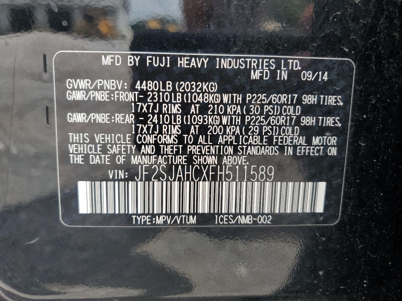 2015 Subaru Forester 2.5I Limited VIN: JF2SJAHCXFH511589 Lot: 64927895