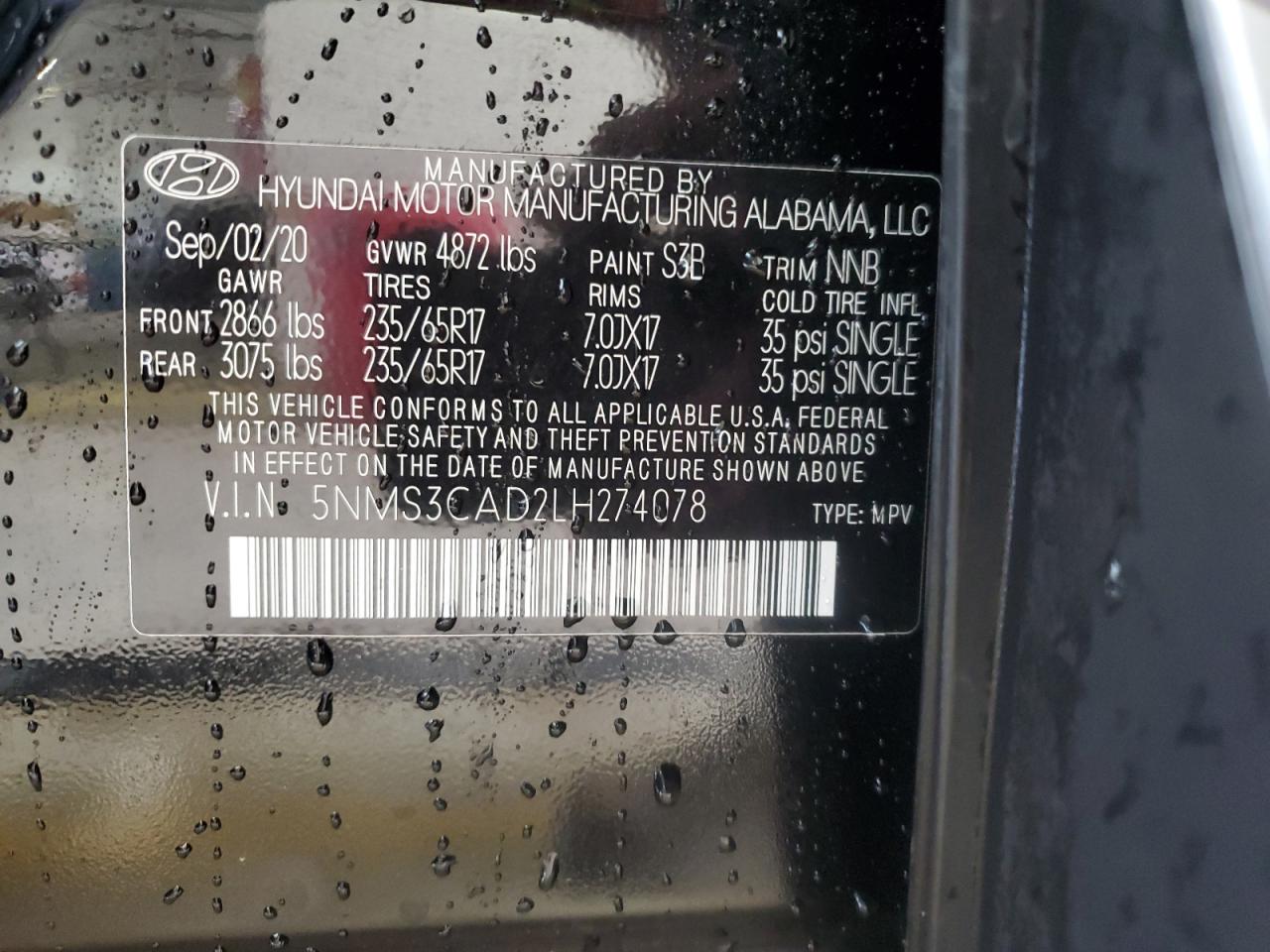 2020 Hyundai Santa Fe Sel VIN: 5NMS3CAD2LH274078 Lot: 63424225