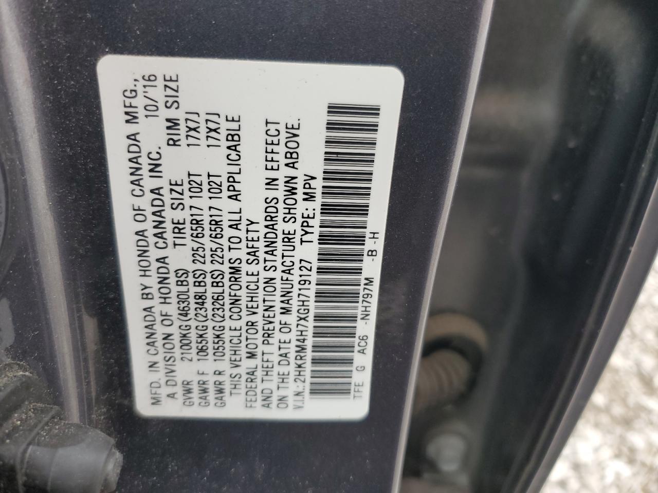 2016 Honda Cr-V Exl VIN: 2HKRM4H7XGH719127 Lot: 65580765