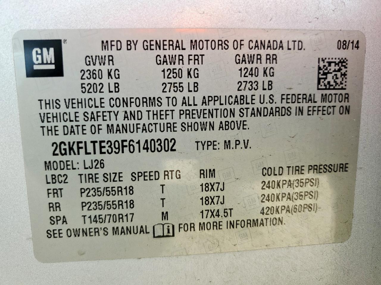 2015 GMC Terrain Slt VIN: 2GKFLTE39F6140302 Lot: 63008185
