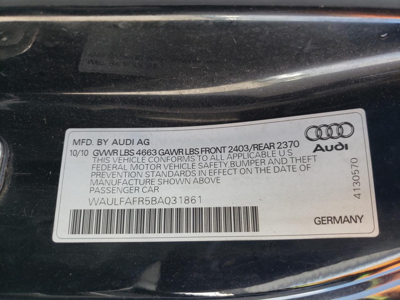 2011 Audi A5 Premium Plus VIN: WAULFAFR5BA031861 Lot: 64519235