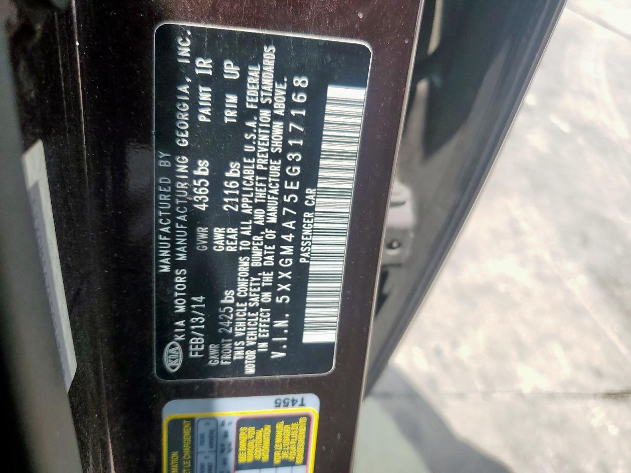 2014 Kia Optima Lx VIN: 5XXGM4A75EG317168 Lot: 65190195