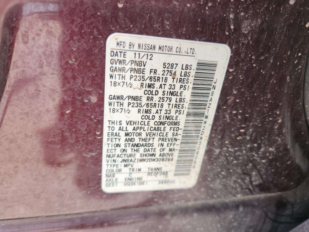 2013 Nissan Murano S VIN: JN8AZ1MW2DW309099 Lot: 63266075