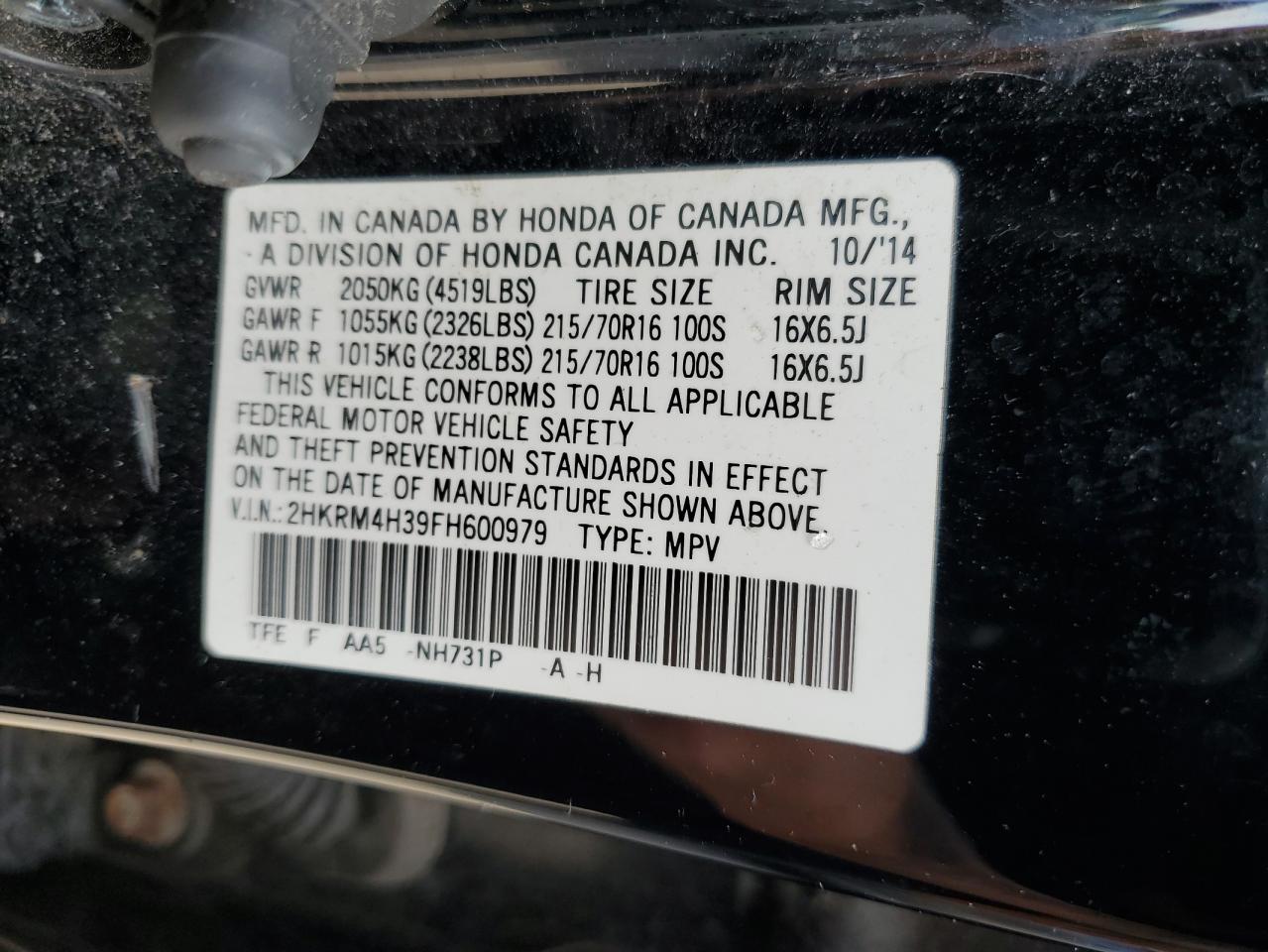 2015 Honda Cr-V Lx VIN: 2HKRM4H39FH600979 Lot: 62174035