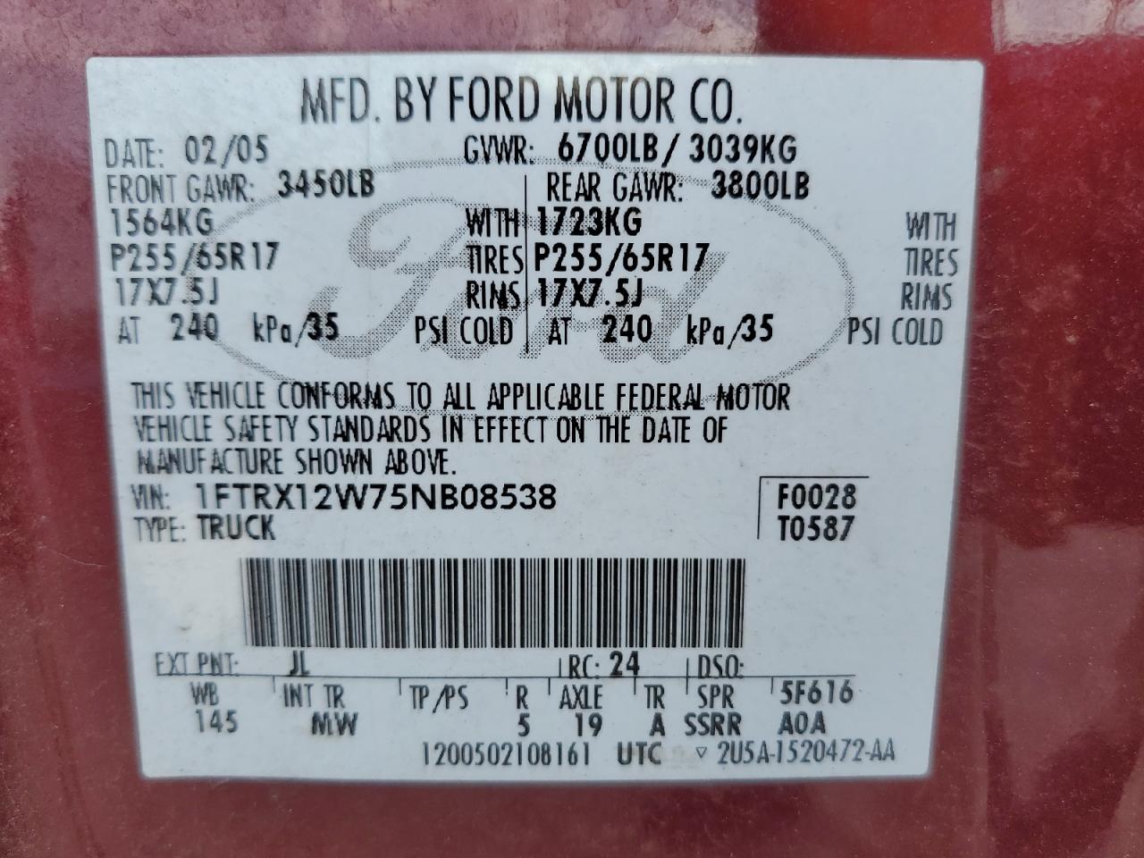 2005 Ford F150 VIN: 1FTRX12W75NB08538 Lot: 64447865