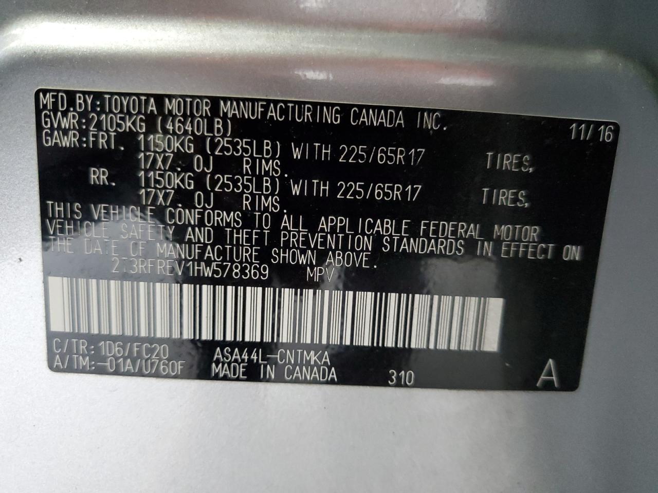 2017 Toyota Rav4 Xle VIN: 2T3RFREV1HW578369 Lot: 64929855