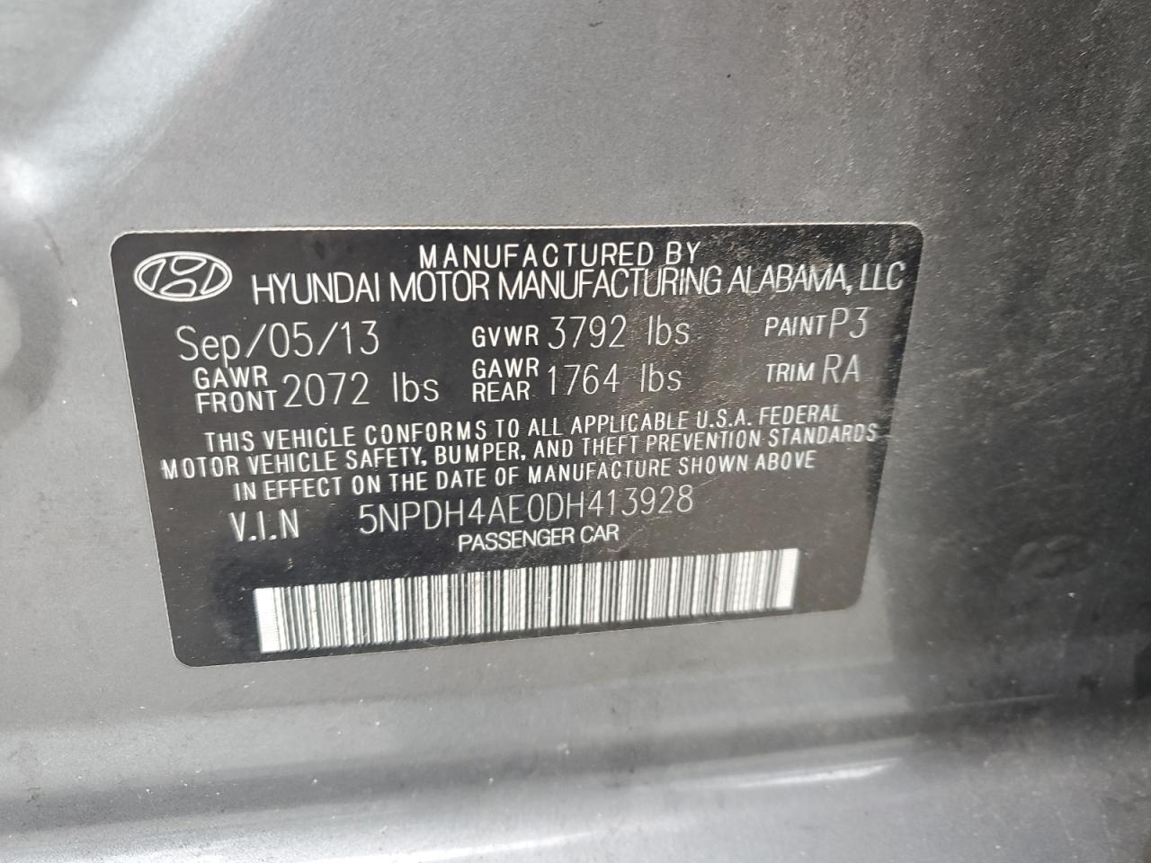 2013 Hyundai Elantra Gls VIN: 5NPDH4AE0DH413928 Lot: 63981575