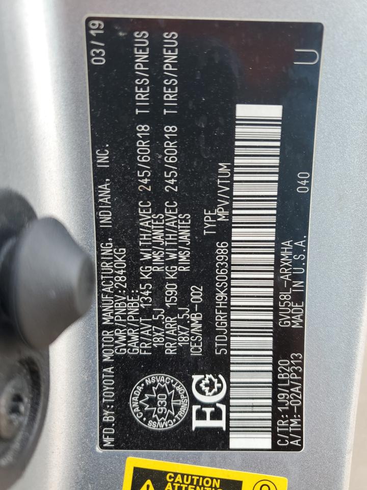 2019 Toyota Highlander Hybrid VIN: 5TDJGRFH9KS063986 Lot: 63289735