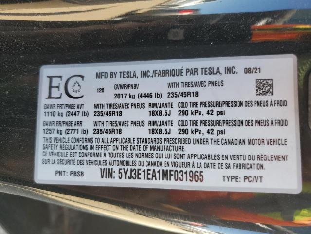 2021 TESLA MODEL 3   