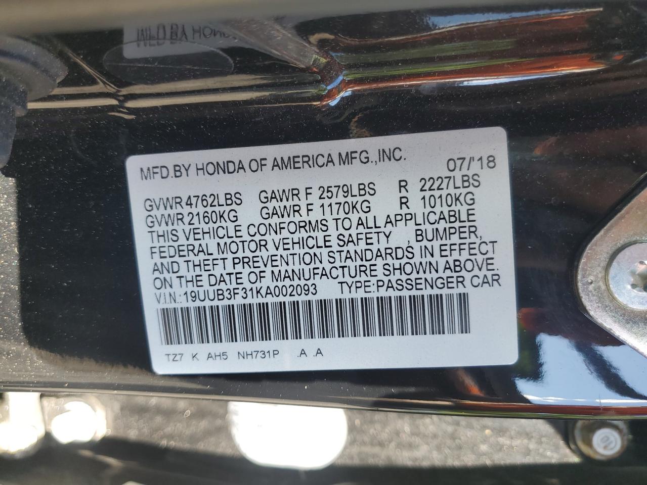 2019 Acura Tlx VIN: 19UUB3F31KA002093 Lot: 64876755