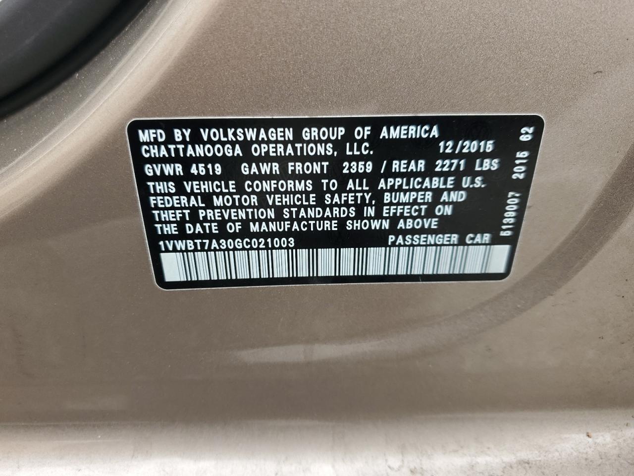 2016 Volkswagen Passat Se VIN: 1VWBT7A30GC021003 Lot: 64568045