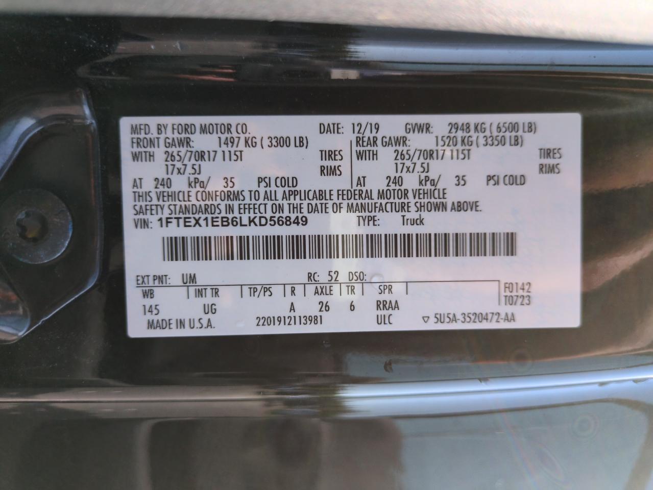 2020 Ford F150 Super Cab VIN: 1FTEX1EB6LKD56849 Lot: 65273755