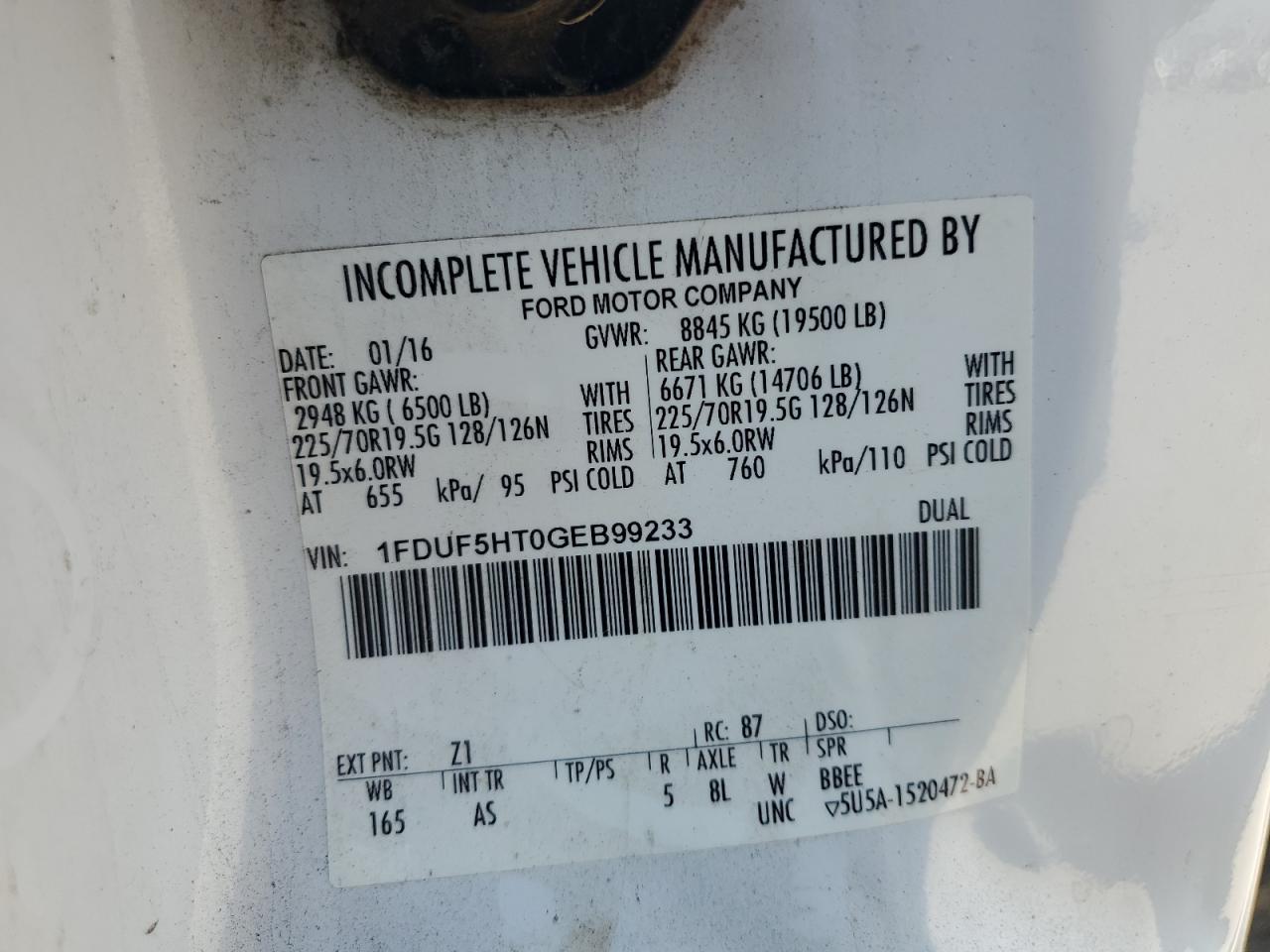 2016 Ford F550 Super Duty VIN: 1FDUF5HT0GEB99233 Lot: 63664645